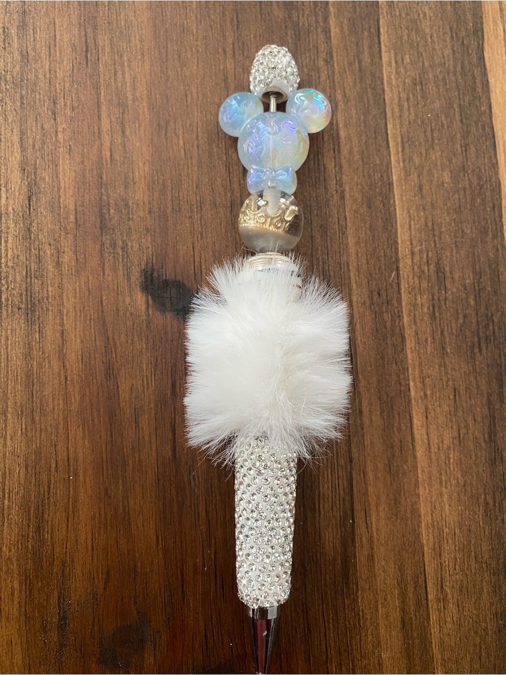 Sparkling Iridescent Mickey-Style Pom Pom Pen - White